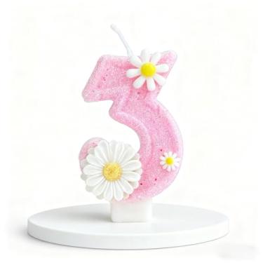 Imagem de Ayracat Velas de aniversário para bolo, 3ª vela de aniversário com glitter de flor branca para decoração de festa, número 3