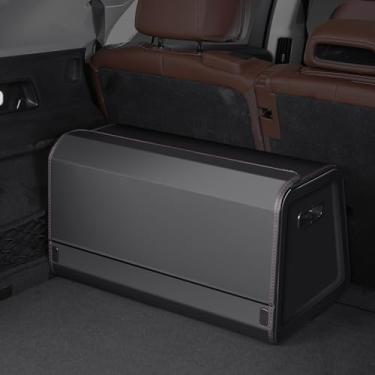 Imagem de Treesiche Organizador de porta-malas de carro para SUVs e sedãs, caixa de armazenamento de couro, tampa magnética, dobrável e ajustável, extra grande, lâmpada de indução magnética, preto