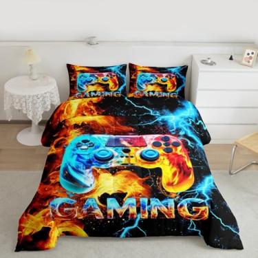 Imagem de jejeloiu Conjunto de edredom com consoles de jogos, solteiro, para crianças, meninos, meninas, jogos, edredom azul, amarelo, decoração de quarto, 2 peças com 1 fronha