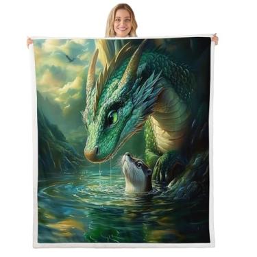 Imagem de Cobertor de dragão ocidental, cobertor felpudo de lontra fofa submarina, vida marinha, animais selvagens, lago, casa, pesca, mantas de lã para cama, sofá, verde, macio e respirável, tamanho da manta