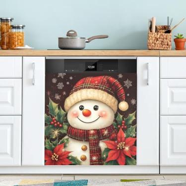 Imagem de Pfrewn Capa magnética para lava-louças de Natal, inverno, boneco de neve, estrela, poinsétia, flores, capas de porta de geladeira, decalque de cozinha, painel de vinil, utensílios de lavanderia