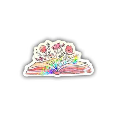 Imagem de BELISMIA 3 adesivos holográficos de livro floral, vinil holográfico à prova d'água para laptop, celular, garrafa de água, Kindle, presente para amantes de livros