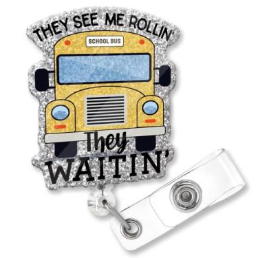 Imagem de Porta-crachá ZBBFSCSB School Bus Glitter retrátil de 61 cm