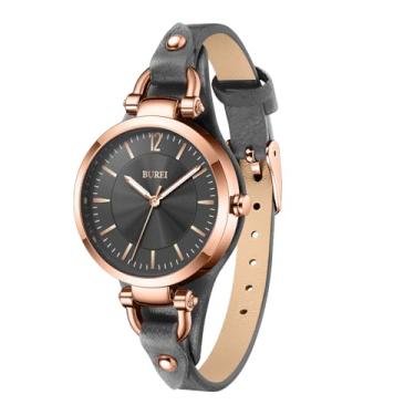 Imagem de BUREI Relógios femininos simples pulseira de couro relógio de quartzo de luxo pequeno fino feminino pulseira pulseira relógio de pulso feminino (cinza escuro)