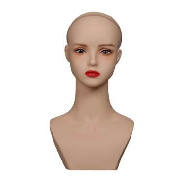 Imagem de ChuYiElegance Cabeça de manequim feminina, suporte para exibição de perucas, parte superior do corpo, liso, multifuncional, busto de cabeça em PVC com maquiagem
