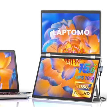 Imagem de Laptomo Monitor portátil duplo M2 para laptop, extensor de tela de laptop 1080p de 15,6 polegadas, extensor de tela tripla dobrável para PC, Mac, Windows com suporte, rotação de 180°, dobrável, VESA