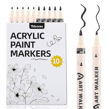 Imagem de Thboxes Pacote com 10 marcadores de tinta preta, caneta de tinta acrílica de ponta dupla e marcadores de ponta de pincel para tecido, madeira, metal, vidro, plástico, lona, material escolar, materiais