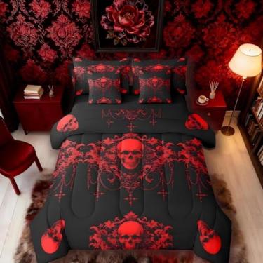 Imagem de Erosebridal Conjunto de edredom gótico de 7 peças, conjunto de cama casal, crânio de açúcar gótico, preto, vermelho, damasco, boêmio, vintage, floral, decoração barroca vitoriana antiga exótica