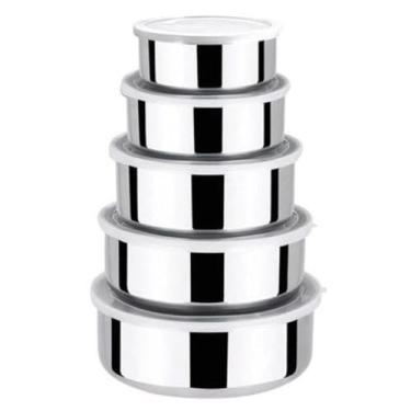 Imagem de Jogo 5 potes tigelas inox com tampa redondo para cozinha alimentos