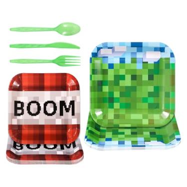 Imagem de 80un Conjunto de Pratos Festa Pixel para 16 Convidados, 2 Estilos Pratos Festa Videogame com Garfo Faca Colheres de Plástico para Utensílios Mesa Festas Aniversário Videogame Tema Pixel