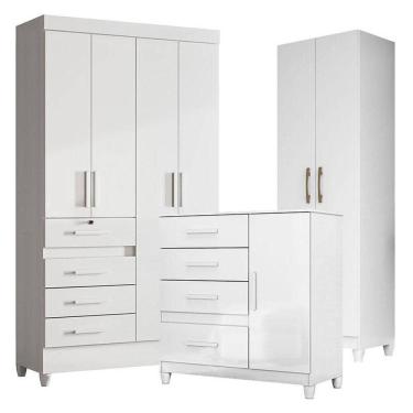 Imagem de Guarda Roupa Infantil Sobral Com Cômoda Vênus Com Pés E Armário Multiuso New íris Branco Brilho - Moval