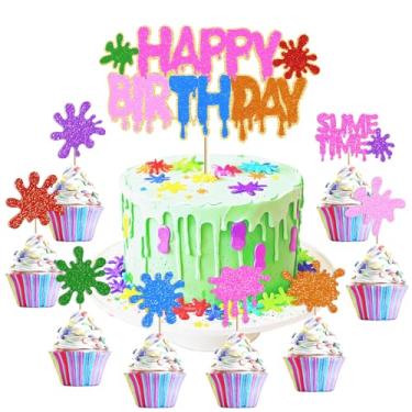 Imagem de Slime Birthday Cake Decorations - Glitter Happy Birthday Cake Topper Colorful It's Slime Time Cupcake Toppers for Kids Girls Boys Slime Splatter Splash Paint Art Theme Birthday Party Supplies