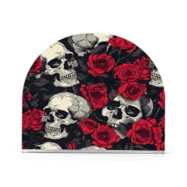 Imagem de Qilmy Porta-guardanapos rosa vermelha e caveira de Halloween para mesas, porta-guardanapos de Halloween para cozinha, porta-guardanapos de mesa, porta-guardanapos de coquetel, porta-guardanapos de