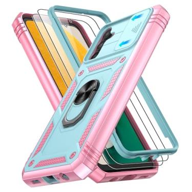 Imagem de Capa para Samsung Galaxy A13 5G com 2 peças protetoras de tela, suporte de anel giratório de 360°, capa protetora de grau militar para telefone A13 5G, verde + rosa