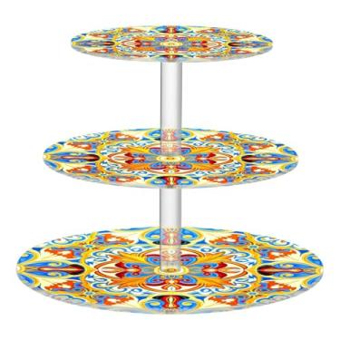 Imagem de CEBUGI Suporte de cupcake de 3 camadas colorido Pattren redondo suporte de bolo torre bandeja de servir em camadas de acrílico para festa de chá, chá de bebê, casamento e mais