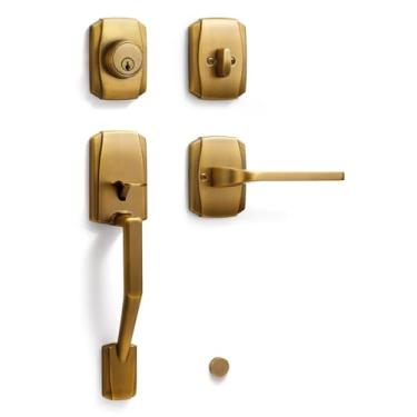 Imagem de SORWDUERM Conjunto com 1 maçaneta de porta de entrada de latão antigo e conjunto de fechadura reversível maçaneta frontal bronze com fechadura e chave cilindro único