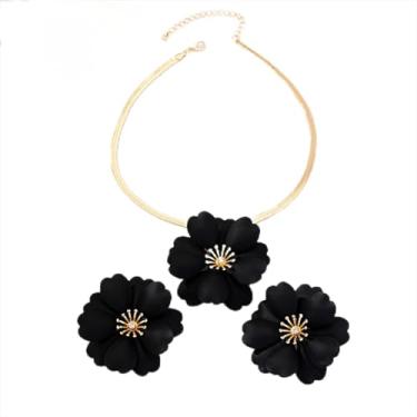 Imagem de COLORFUL BLING Conjunto de colar gargantilha de brincos de margarida 3D boêmio para mulheres, pétala floral, ajustável, corrente grossa, joia de declaração de casamento, presente de aniversário, Zinco