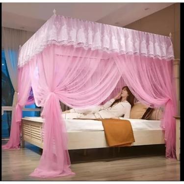 Imagem de Mosquiteiro Cortinado de Tule Palácio para Cama Casal/Queen, Design Decorativo com Renda, Proteção Contra Mosquitos(Rosa,Box Queen S/Armaçao)