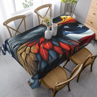 Imagem de ZTPOWQA Toalha de mesa de jantar com estampa de águia com bandeira dos EUA, 89 x 139 cm, retangular, impermeável, reutilizável, festa de jantar