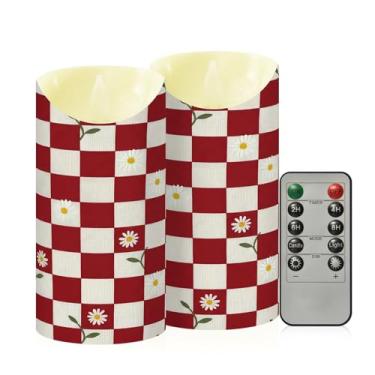 Imagem de Wassud Velas de flor xadrez vermelha branca sem chama com controle remoto, velas realistas cintilantes com temporizador, velas decorativas para Natal, casamento, festa, decoração de casa média