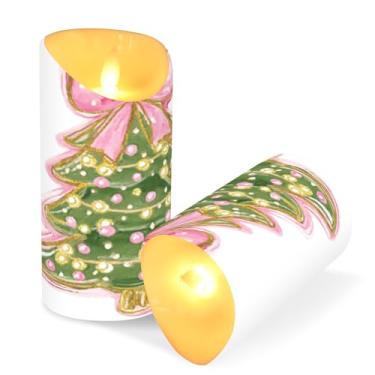 Imagem de ATTX Pacote com 2 velas sem chamas para árvore de Natal com laço rosa - 7,6 cm x 15 cm com controle remoto e temporizador para casa, casamento, decoração de acampamento #240