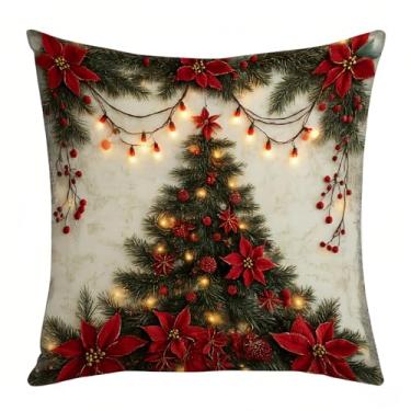 Imagem de Capa de almofada vermelha única de Natal 45,7 x 45,7 cm, fronha de pelúcia festiva com árvore de boneco de neve Papai Noel, decoração de férias para sofá de sofá (estilo dois)