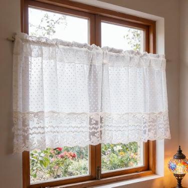 Imagem de Cortina transparente de renda pompom branco para janelas de cozinha, renda floral francesa, meia cortina transparente para sala de jantar, sala de estar, elegante, pompom transparente, bolso para