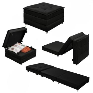 Imagem de Puff Baú Dobrável que Vira Cama Solteiro – Estrutura em Madeira Maciça Pinus, Rodízios e Espuma D23, Suporte 90kg(Preto)