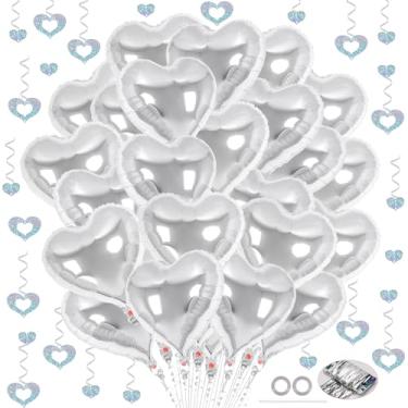 Imagem de 24 balões de coração prateados, 100 peças de serpentinas penduradas em coração, balões de alumínio de 45,7 cm, balão de dia dos namorados, balão de amor para decoração de festa de casamento (prata)
