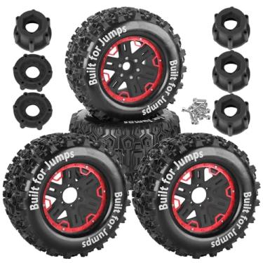Imagem de RCMYou RC Wheels and Tires Set(4PCS) for 1/10 Kraton Outcast 4S/Maxx/T-Maxx/E-Revo/Summit RC Monster Truck etc,17mm Hex 1/8 1/10 Tires and Wheels/Plastic Rims,Red and Black