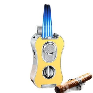 Imagem de JDIME Isqueiro funcional 6 em 1 Black Technology Acendedor quatro diretos à prova de vento com suporte de cigarro tesoura em V (B)