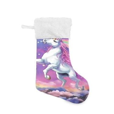 Imagem de ATTX Meias de Natal de cavalo arco-íris, suporte de presente branco de pelúcia para decorações de festas de fim de ano (17,7 polegadas, pacote com 2) #426