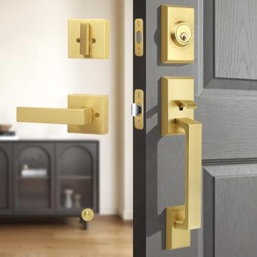 Imagem de LOQRON Conjunto de maçaneta de porta resistente e conjunto de fechadura de fechadura, conjunto de maçanetas de entrada quadrada com fechadura de cilindro único para portas destros e canhotos, latão