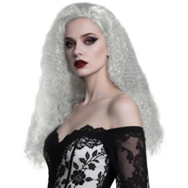 Imagem de UQJE Peruca cinza longa encaracolada perucas de bruxa de Halloween anime cosplay perucas loucas peruca de senhora idosa acessórios de fantasia de bruxa