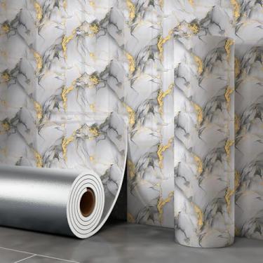 Imagem de ESSMOKO Papel de parede dourado imitação de mármore de cerâmica autoadesivo papel de parede impermeável para cozinha e banheiro adesivos de parede Cordilheira dourada 40 * 300 cm