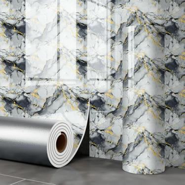 Imagem de ESSMOKO Papel de parede dourado imitação de mármore de cerâmica autoadesivo papel de parede impermeável para cozinha e banheiro adesivos de parede montanha nuvem dourada 40 * 300 cm