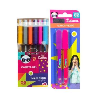 Imagem de Kit De Papelaria Luluca C/ 2 Marca-Texto Macio Roxo e Rosa + 6 Canetas