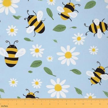 Imagem de Tecido de abelha de desenho animado por jarda, tecido de estofamento de margarida estilo rústico, pano decorativo chique gasto para móveis de estofamento de sofá, artesanato azul amarelo e suprimentos