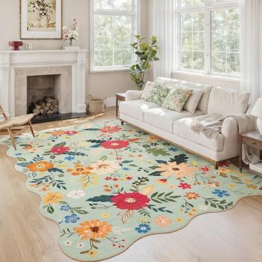 Imagem de ARKIIKI Tapete lavável recortado 12 x 18 cm para sala de estar, tapete floral verde, tapete de flor macio antiderrapante, tapetes grandes para quarto, sala de jantar, escritório, sala de jogos