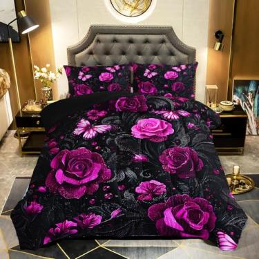 Imagem de QOOMO Conjunto de edredom Queen, rosa vermelha, 3 peças, para adolescentes, meninos, meninas, estampa de borboleta, com 2 fronhas, alternativa, macio e leve