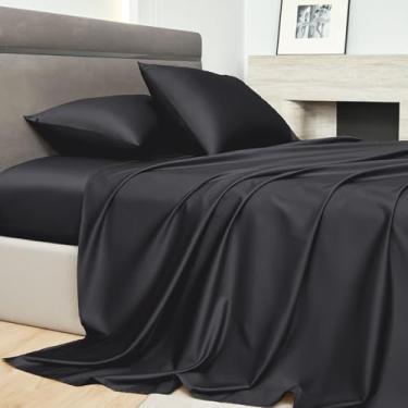 Imagem de PURE ERA Conjunto de lençóis 800 fios de algodão de cetim longo sedoso macio e macio hotel luxuoso 4 peças conjunto de lençóis king size, bolso profundo de até 40,6 cm (preto, King)