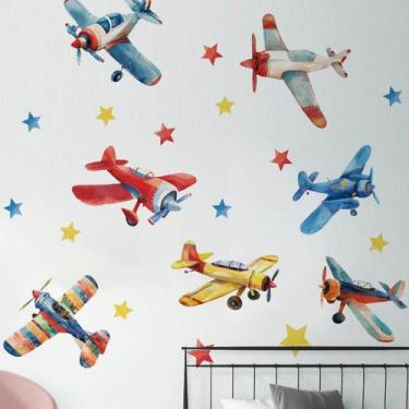Imagem de Adesivos de parede, desenho animado, avião com estrelas coloridas, PVC