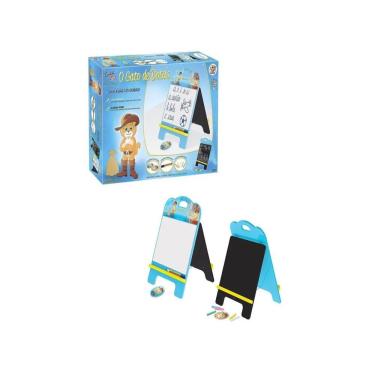 Imagem de Lousa 2 em 1 Dupla Face Gato de Botas Quadro Negro e Branco Infantil Educativo Azul Junges