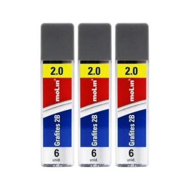 Imagem de Kit 03 Grafite p/ Lapiseira 2.0mm 2B Tubo c/ 6 Unidades - MOLIN