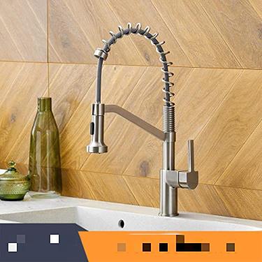 Imagem de Torneiras de cozinha escova torneiras de latão para pia de cozinha de alavanca única, bico de mola, misturadores, torneira de água fria quente, 9013, níquel escovado, china