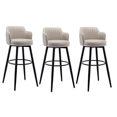 Imagem de Bancos De Barra Giratória Conjunto De 3 Com Cadeira De Barra De Ilha De Cozinha Lombar, Altura Do Balcão Com Braços, Assento Estofado De Cromo De Couro Nappa, Para Barras, Café, Lounge, Pubs