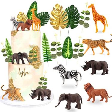 Imagem de LaVenty 13 peças de animais de safári, decoração de bolo, animais da selva, decoração de bolo, folhas de palmeira, decoração de bolo, animais da selva, suprimentos de festa, safári, animais