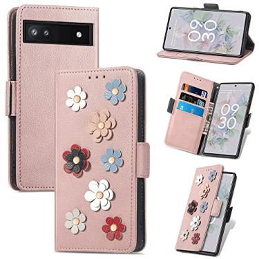 Imagem de Capas de telefone com flores tridimensionais para Google Pixel 6a Pixel 6 a capa de couro com compartimentos para cartão de moda à prova de choque clipe carteira Google Pixel 6a capas (ouro rosa, Google Pixel 6a)