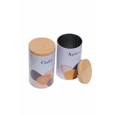 Imagem de Kit 2 Pote Lata Porta Mantimentos Metal Café Açúcar Branco