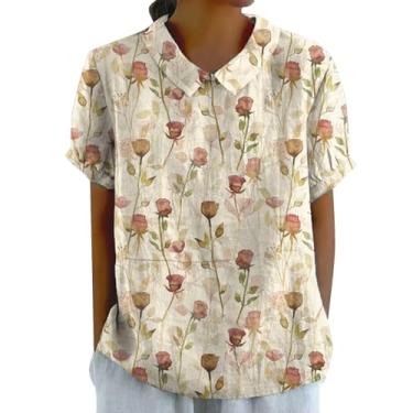 Imagem de Camisetas femininas de verão com estampa de flores e gola de lapela, caimento solto, manga curta, camisetas casuais para sair, Bege, M